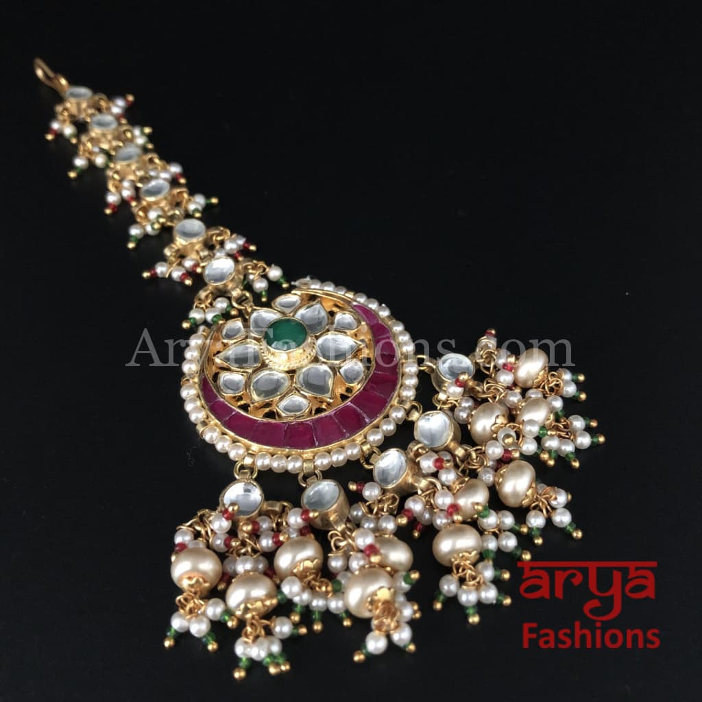 Bridal Kundan Mang Tika with Emerald Ruby stones and Pearl Beads
