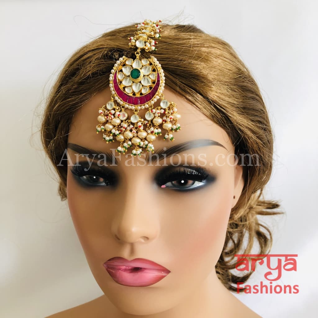 Bridal Kundan Mang Tika with Emerald Ruby stones and Pearl Beads
