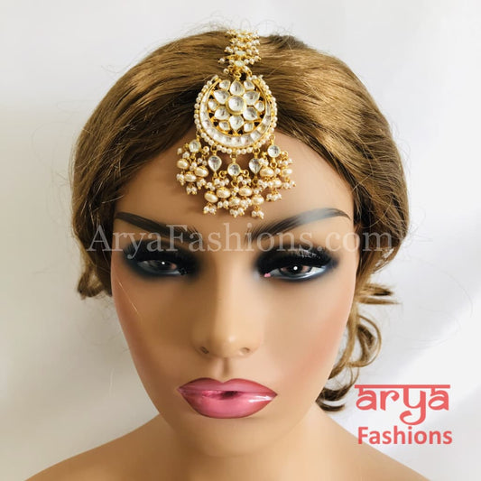 Bridal Kundan Mang Tika with Pearl Beads