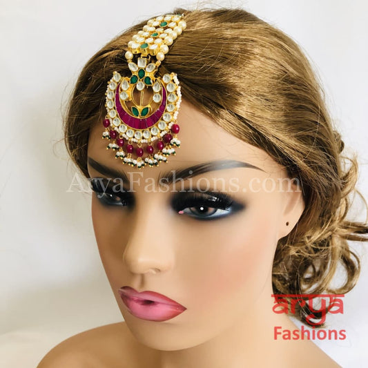 Bridal Kundan Mang Tika with Ruby Emerald stone work and Pearl Beads