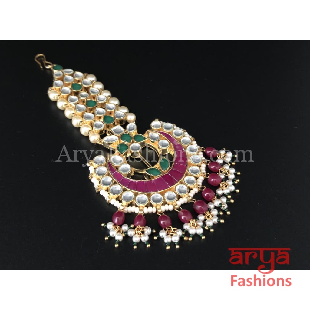 Bridal Kundan Mang Tika with Ruby Emerald stone work and Pearl Beads