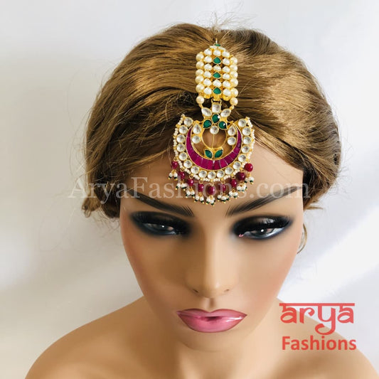 Bridal Kundan Mang Tika with Ruby Emerald stone work and Pearl Beads