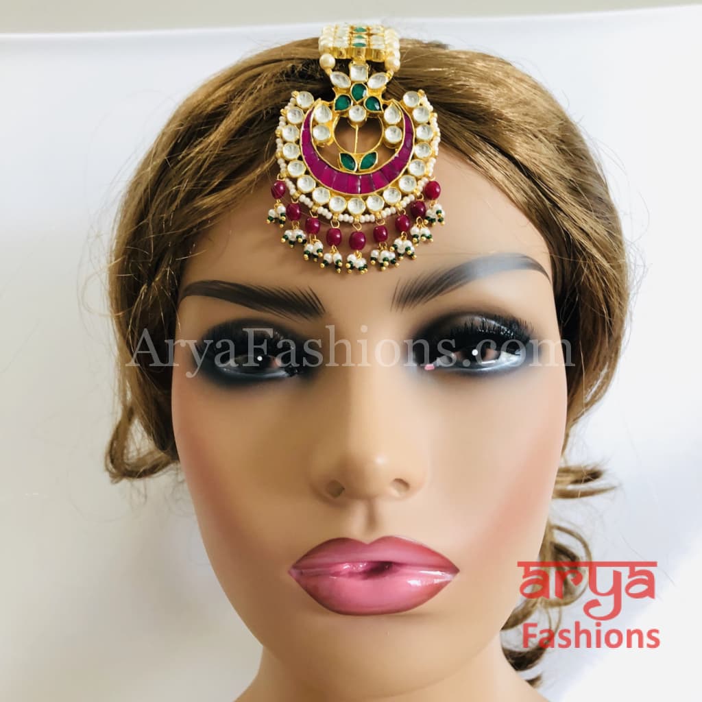 Bridal Kundan Mang Tika with Ruby Emerald stone work and Pearl Beads