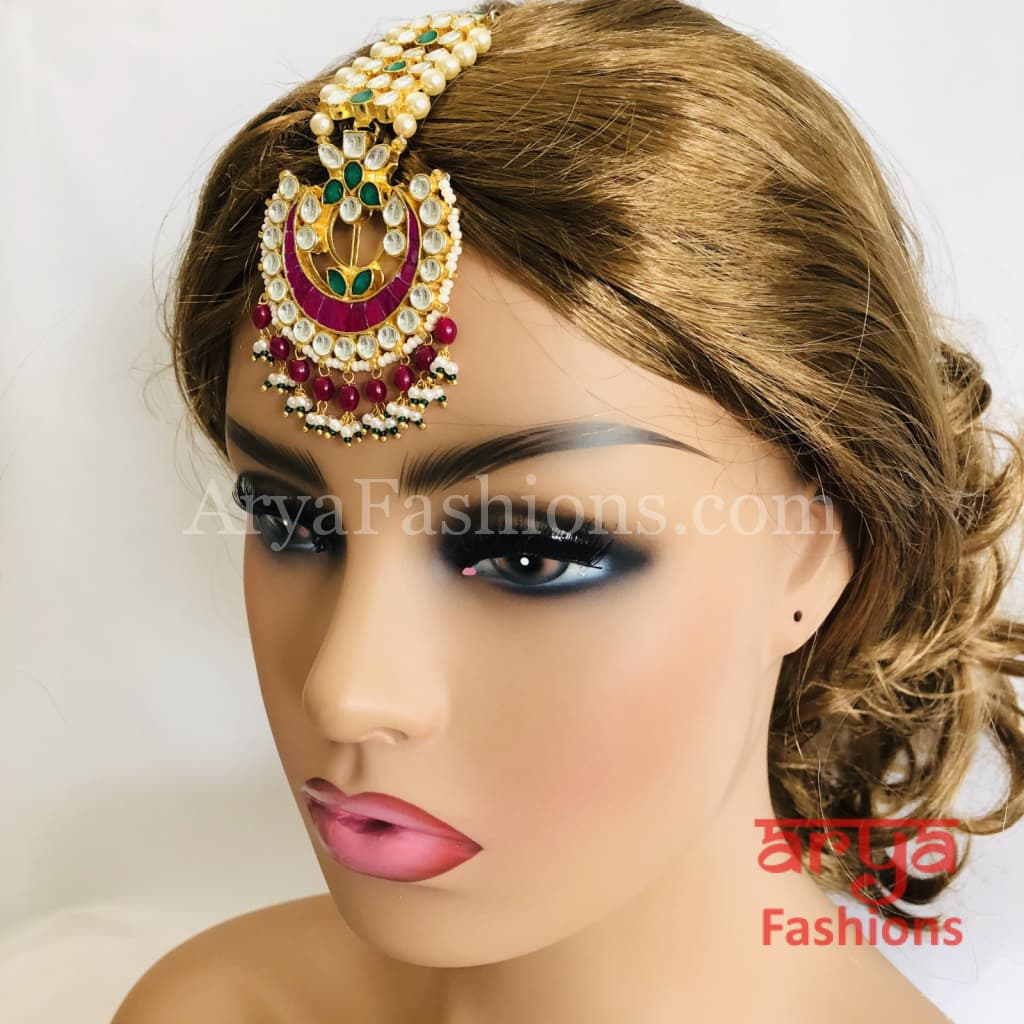 Bridal Kundan Mang Tika with Ruby Emerald stone work and Pearl Beads