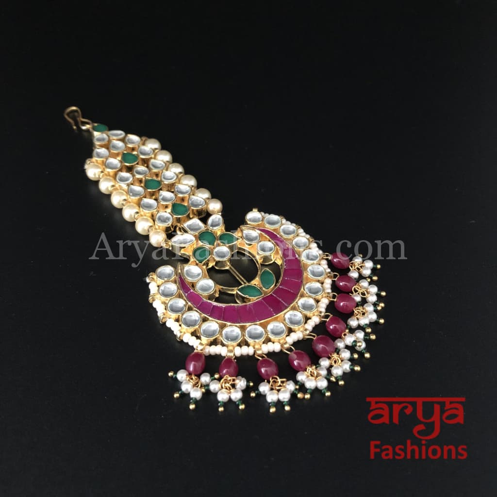 Bridal Kundan Mang Tika with Ruby Emerald stone work and Pearl Beads