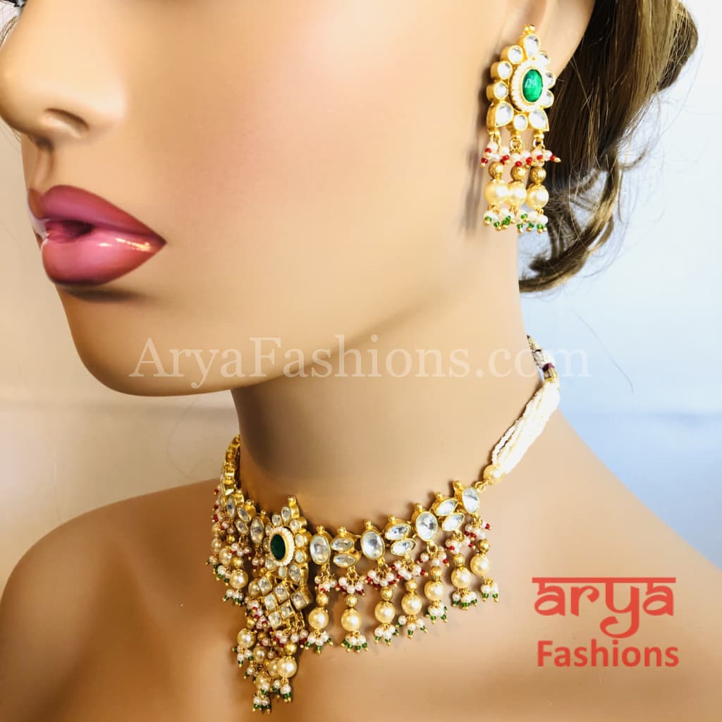 Bridal Pearl Emerald Ruby Kundan Choker Necklace with Earrings