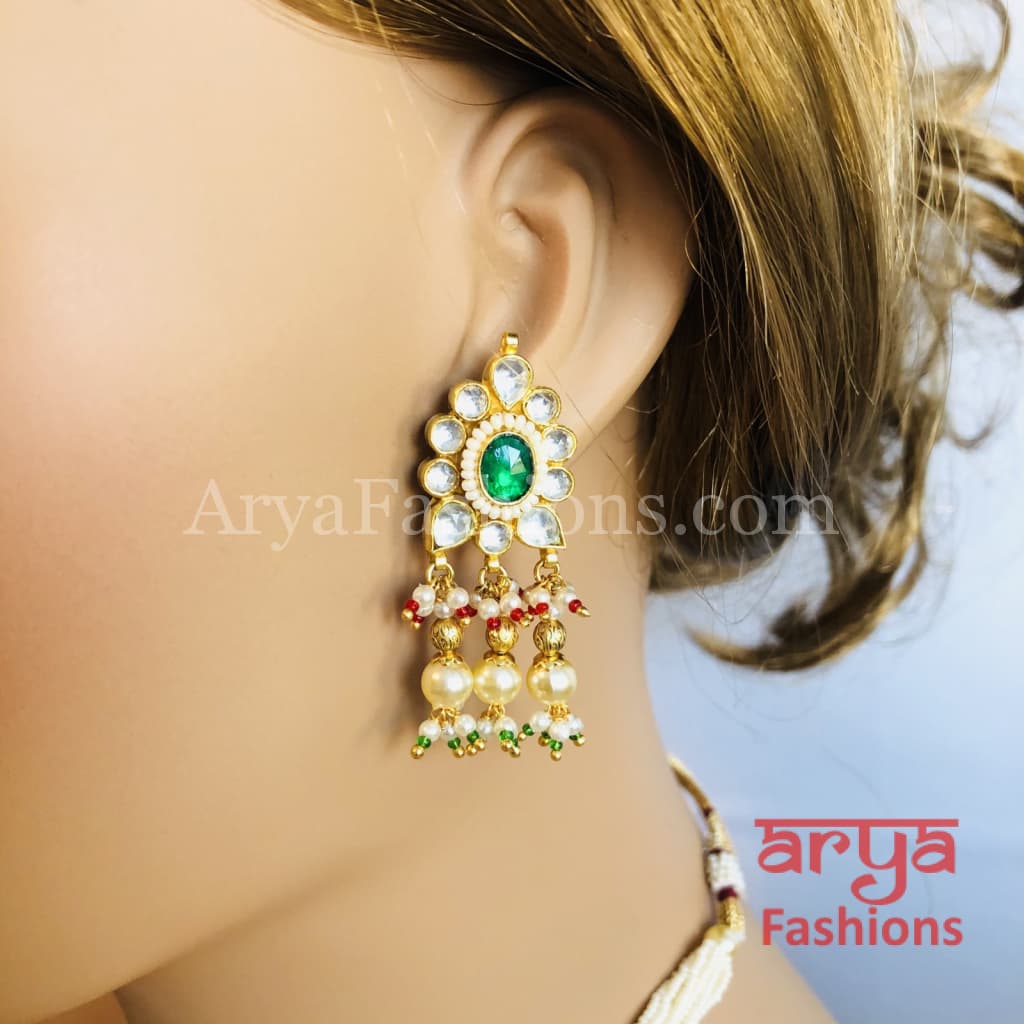 Bridal Pearl Emerald Ruby Kundan Choker Necklace with Earrings