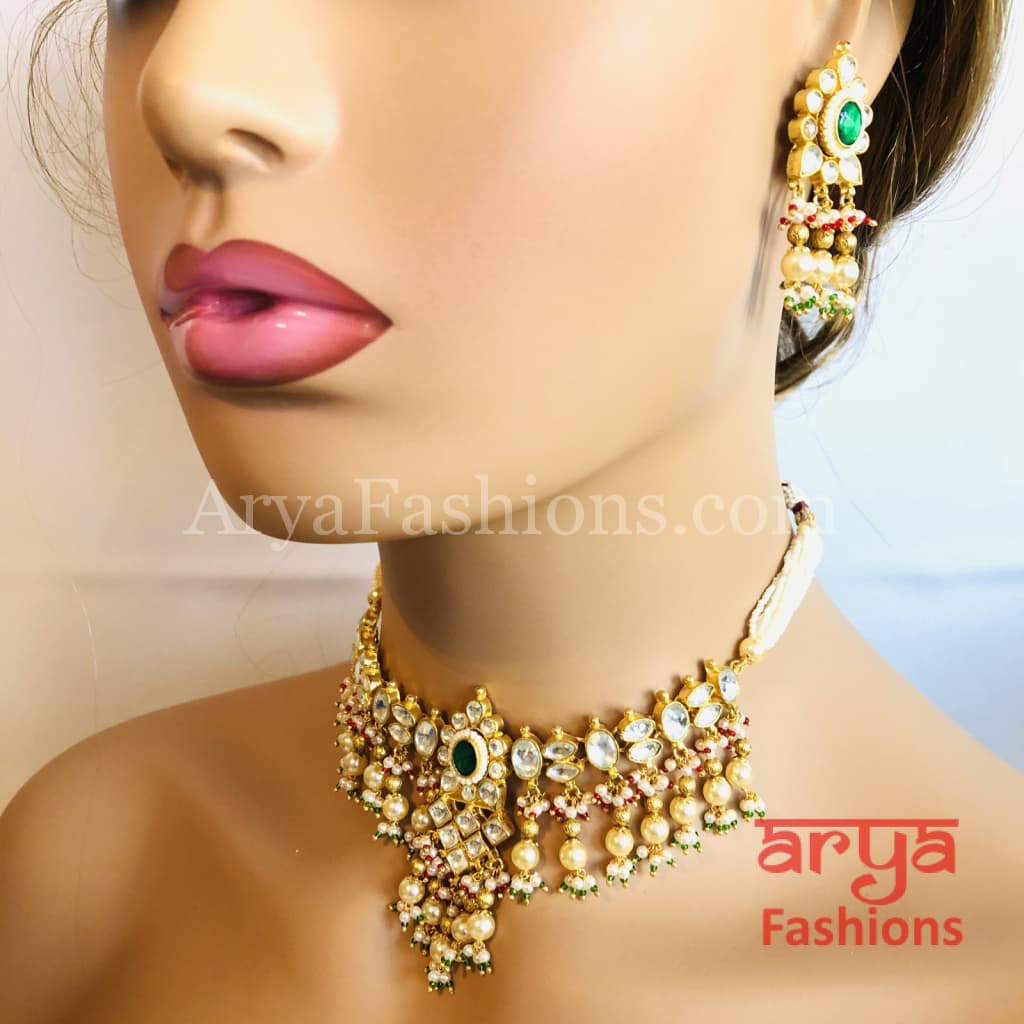 Bridal Pearl Emerald Ruby Kundan Choker Necklace with Earrings