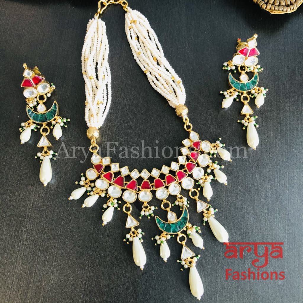 Bridal Pearl Kundan Choker Necklace with Earrings