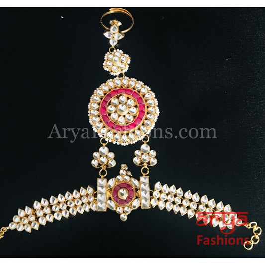 Bridal Pink Ruby Golden Kundan Hathphool with Pearls