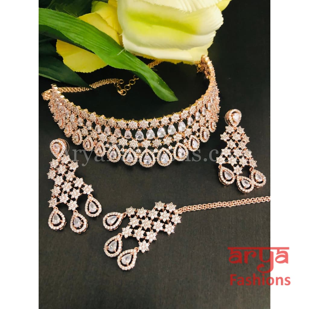 Sapphire Diamond Stones Choker Necklace Set with Earrings (Green, Pink,  Blue) – Kanchipuram Silk Sarees