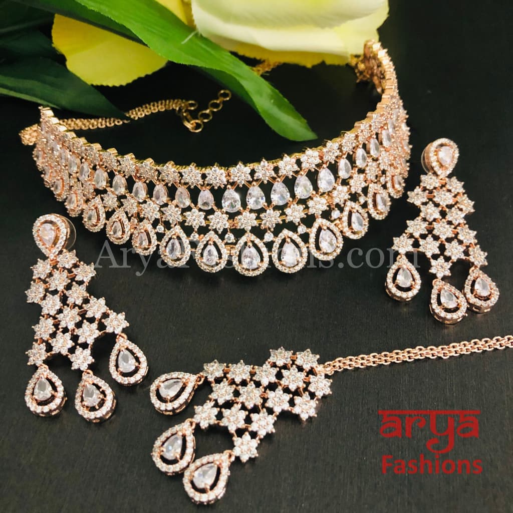 Bridal Rose Gold Choker/ Silver Cubic Zirconia Choker Necklace