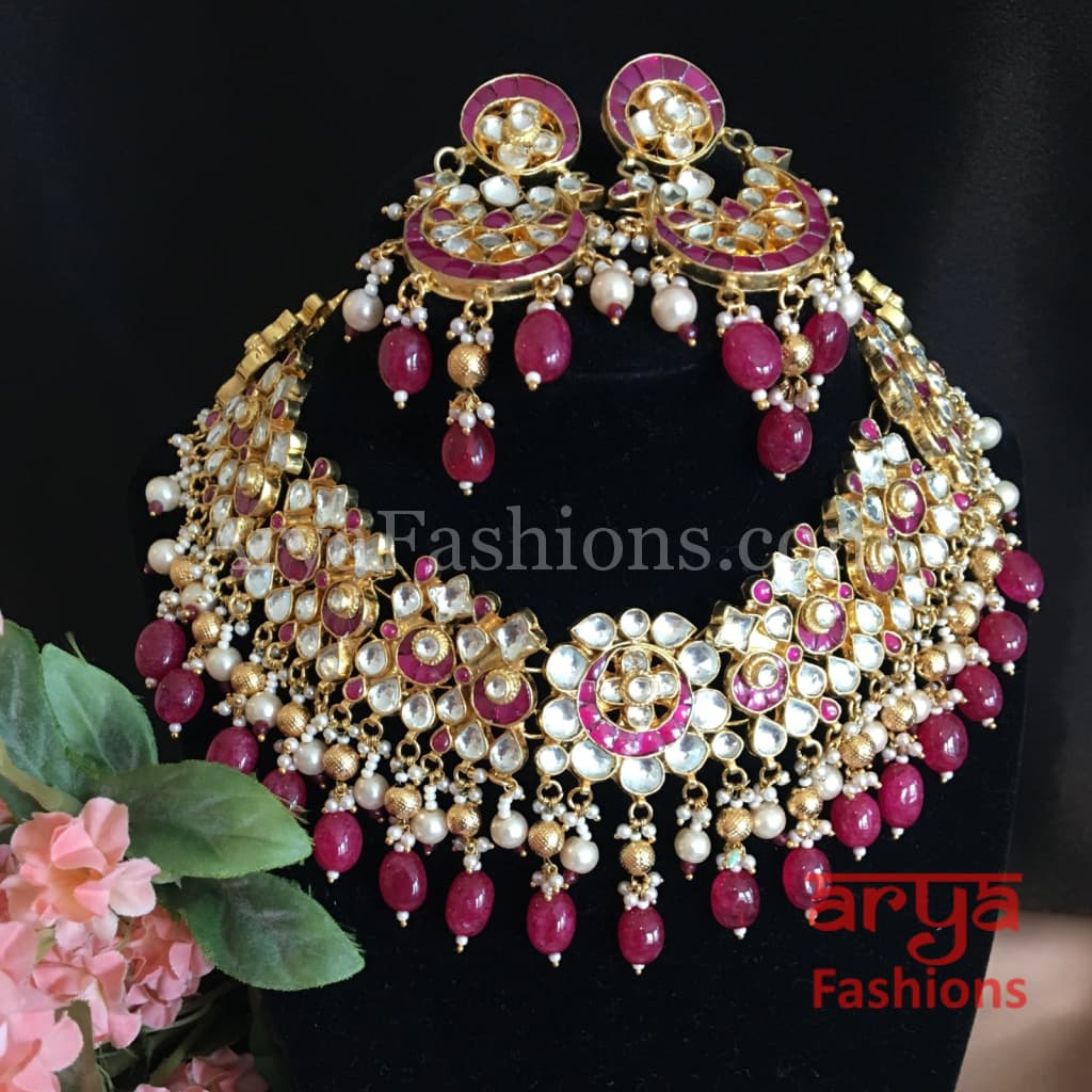 Bridal Ruby Kundan Necklace with and Pearl Drops