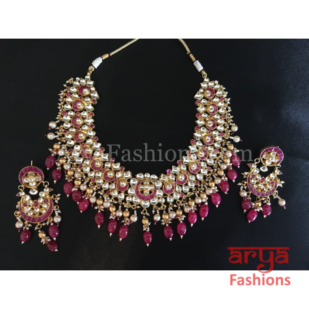 Bridal Ruby Kundan Necklace with and Pearl Drops