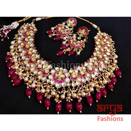 Bridal Ruby Kundan Necklace with and Pearl Drops