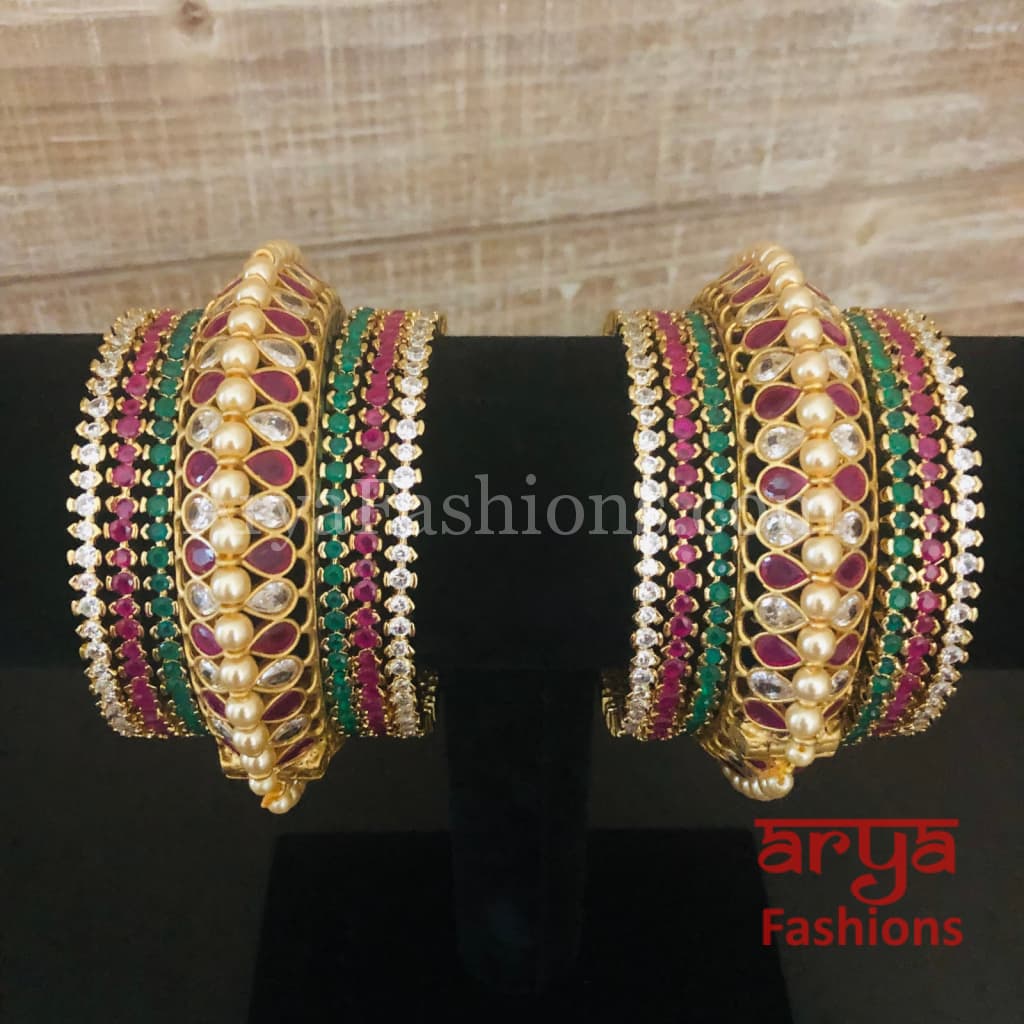 Bridal Ruby Pearl Gokhru Bangles Set