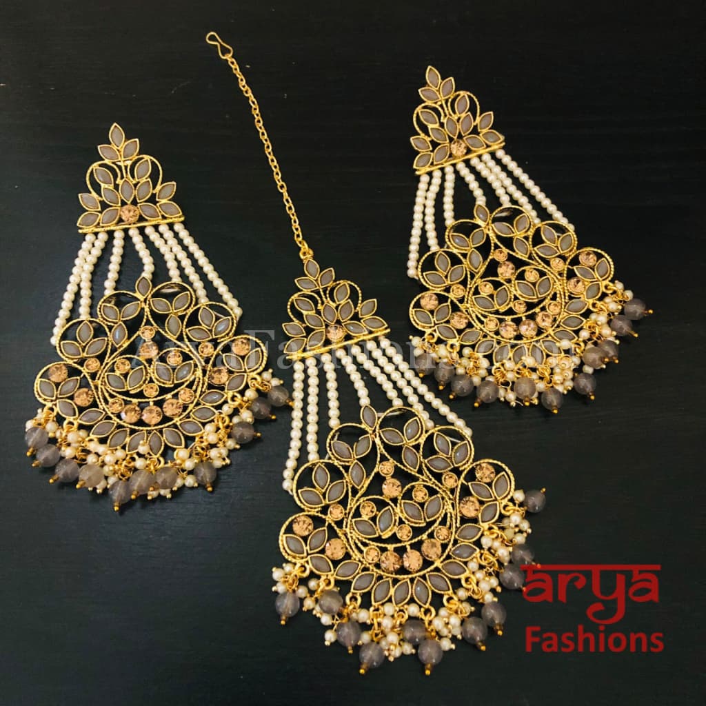 Champagne Gray White Mang Tika and Earrings Combo/Chandbali MangTika Combo