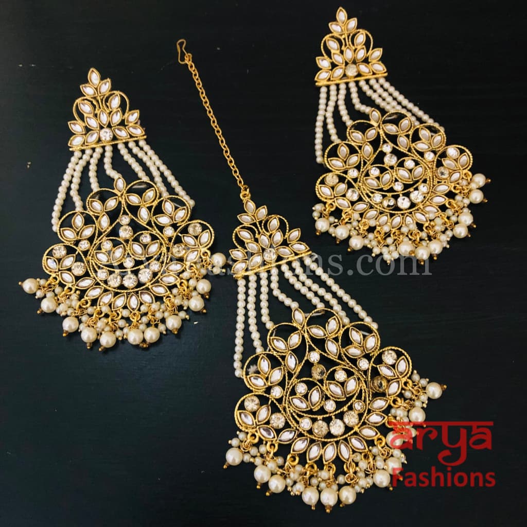 Champagne Gray White Mang Tika and Earrings Combo/Chandbali MangTika Combo