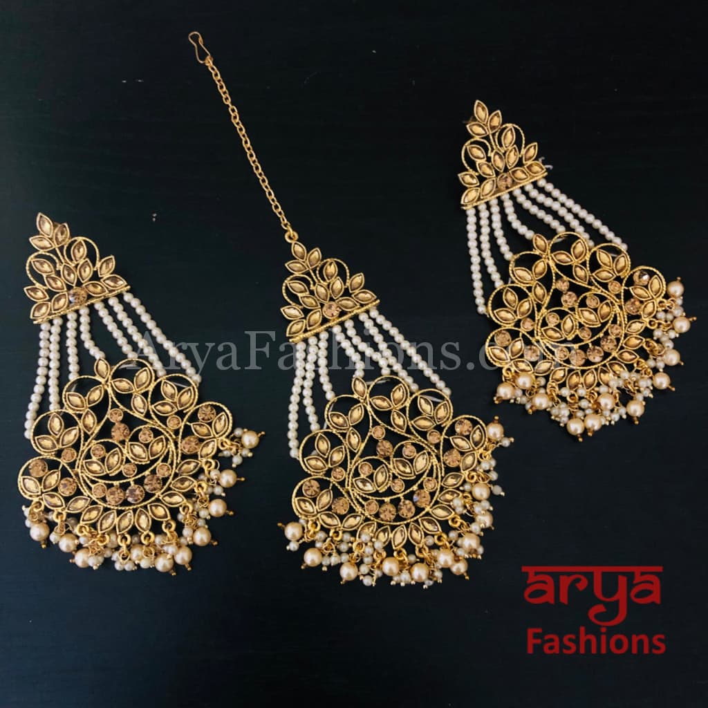 Champagne Gray White Mang Tika and Earrings Combo/Chandbali MangTika Combo