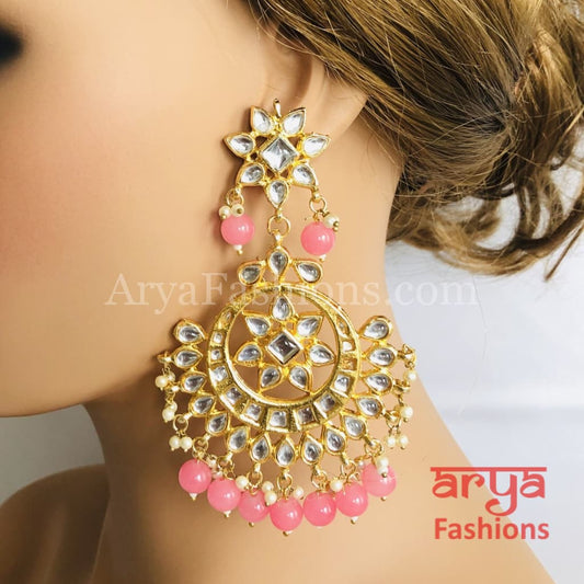 Chandni Kundan Chandbali Earrings with Pink Beads