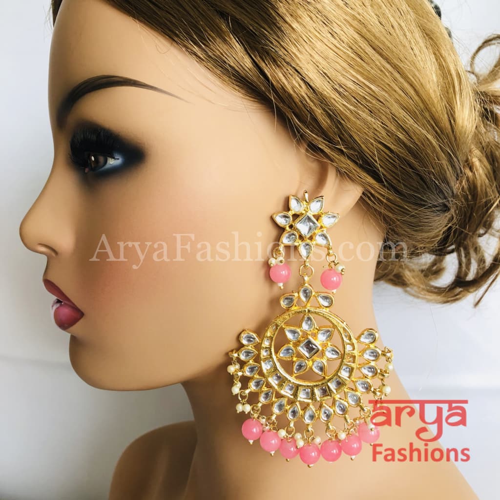 Chandni Kundan Chandbali Earrings with Pink Beads