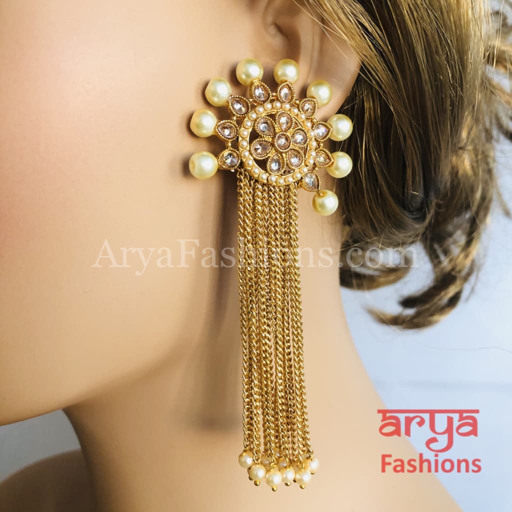 Chandni Kundan Polki Pearl Earrings with multi strand pearl drops