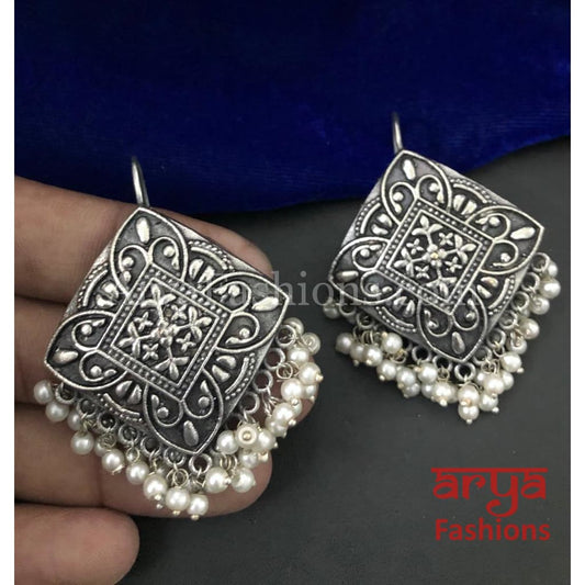 Chandni Silver Oxidized Pearl Chandbali Earrings