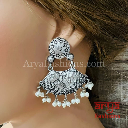 Chandni Silver Oxidized Pearl Chandbali Earrings