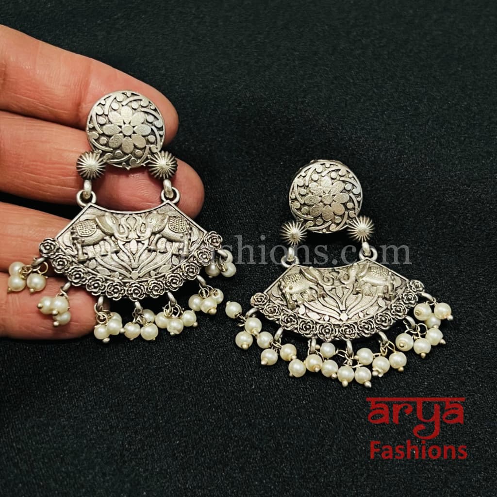 Chandni Silver Oxidized Pearl Chandbali Earrings