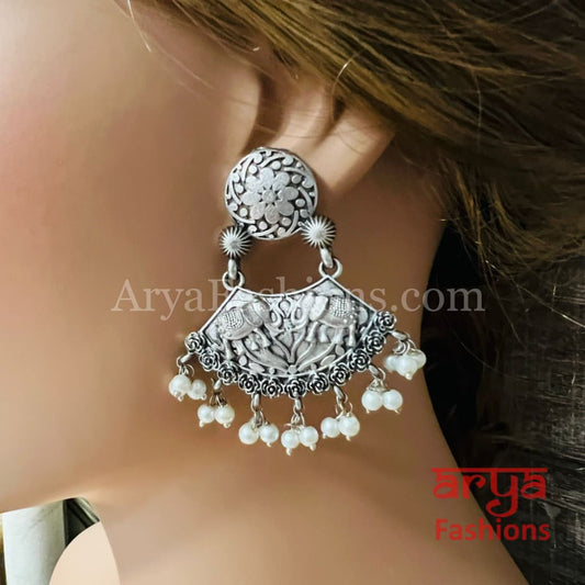 Chandni Silver Oxidized Pearl Chandbali Earrings