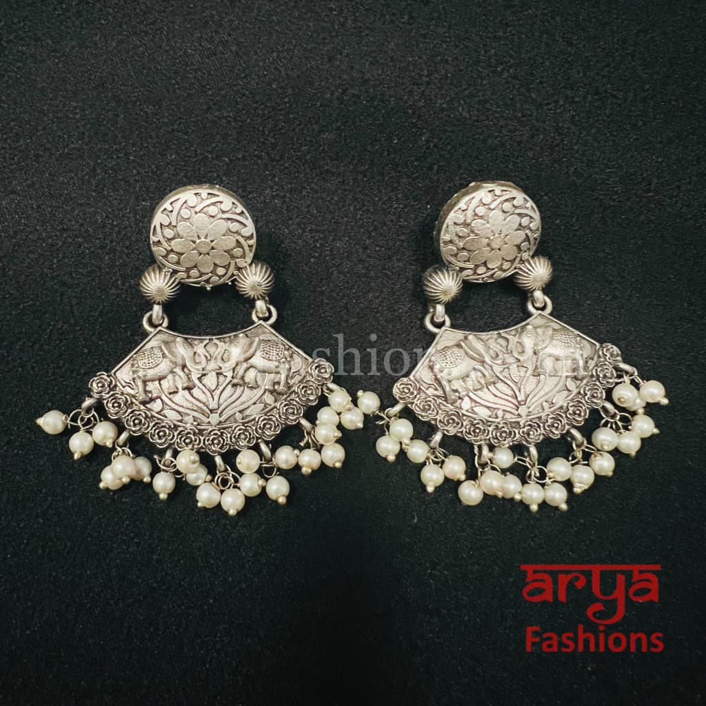 Chandni Silver Oxidized Pearl Chandbali Earrings