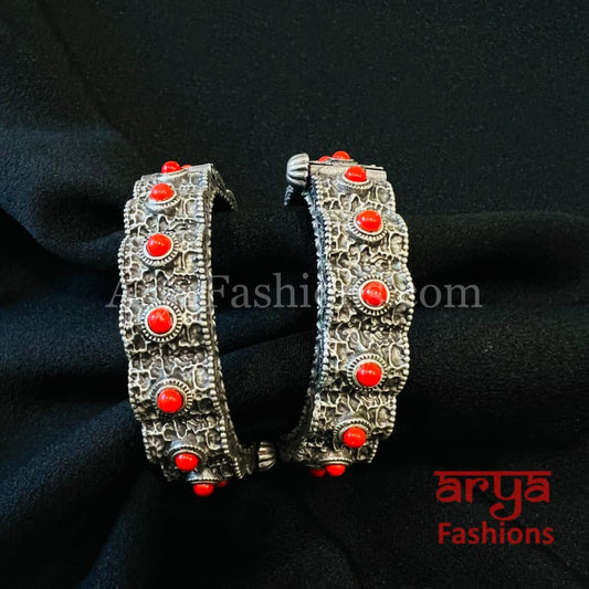 Coral Red Silver Oxidized Openable bangles