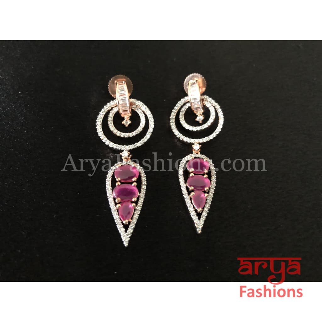 Cubic Zirconia Dangle Earrings with Ruby Stones