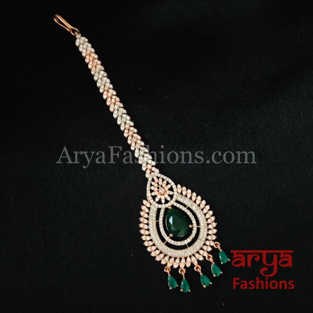 CZ Rose Gold Designer Mang Tika with Emerald Ruby Stone