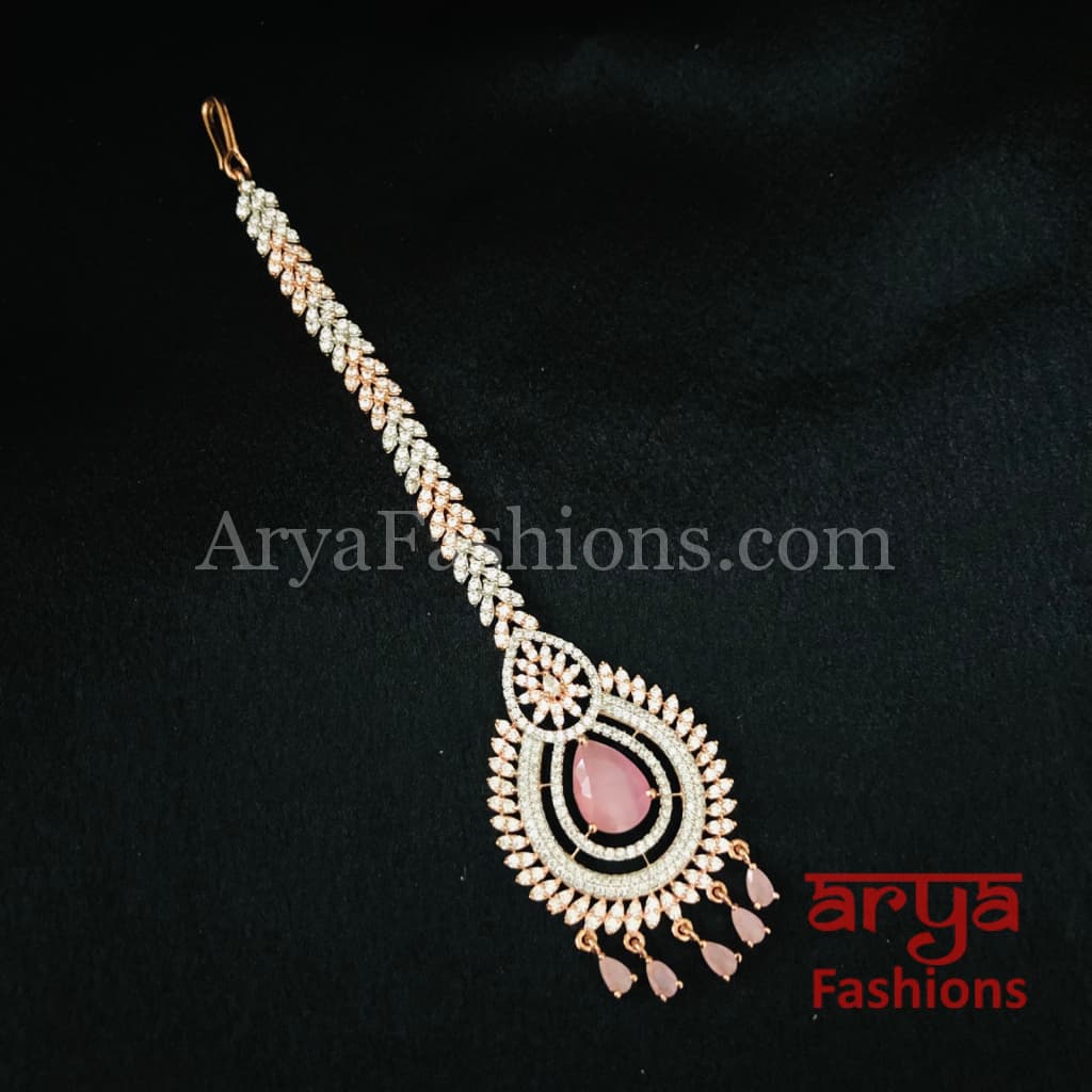 CZ Rose Gold Designer Mang Tika with Emerald Ruby Stone