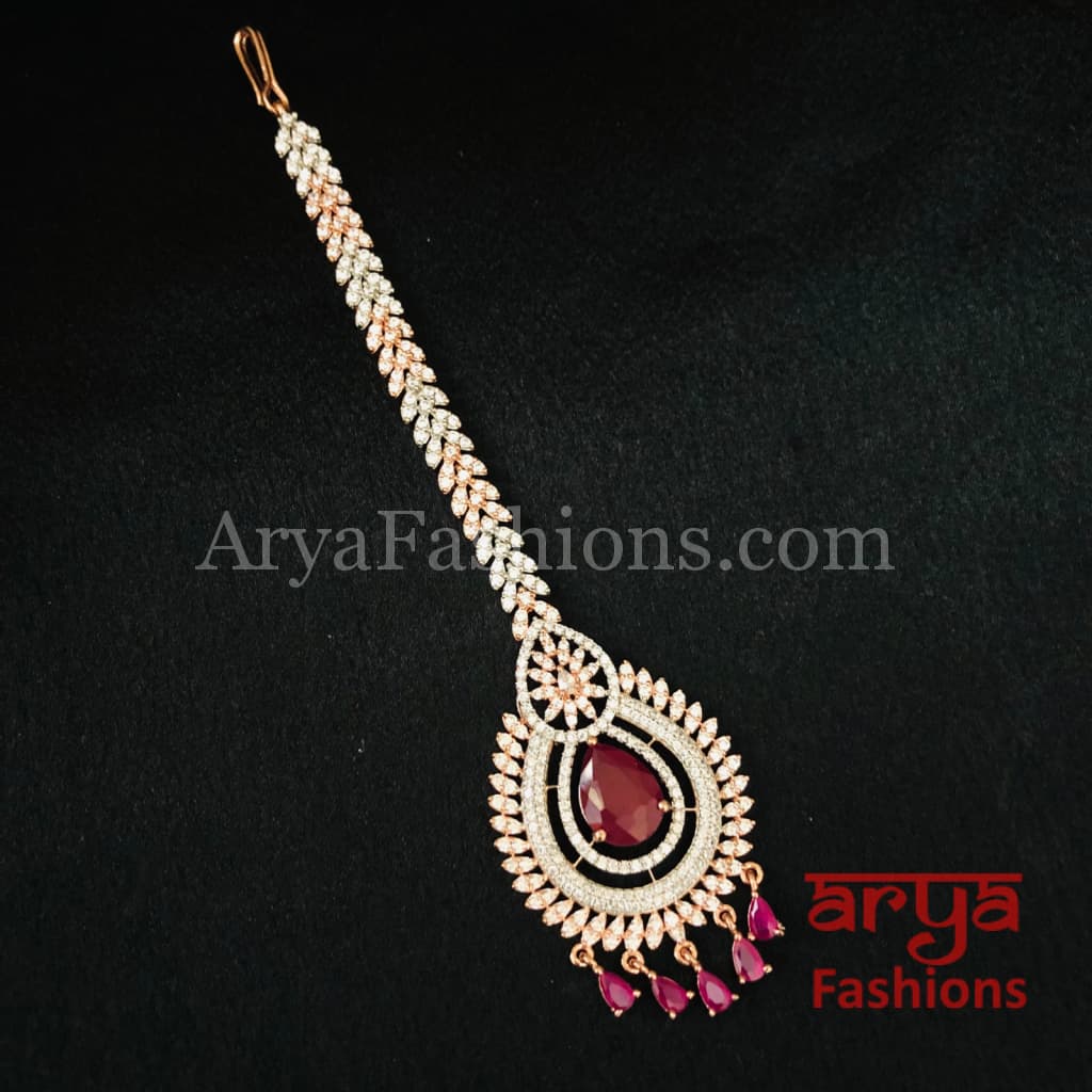CZ Rose Gold Designer Mang Tika with Emerald Ruby Stone