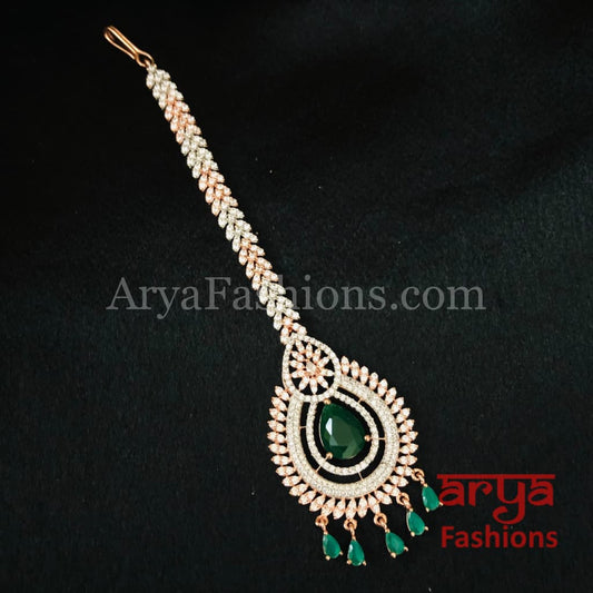 CZ Rose Gold Designer Mang Tika with Emerald Ruby Stone