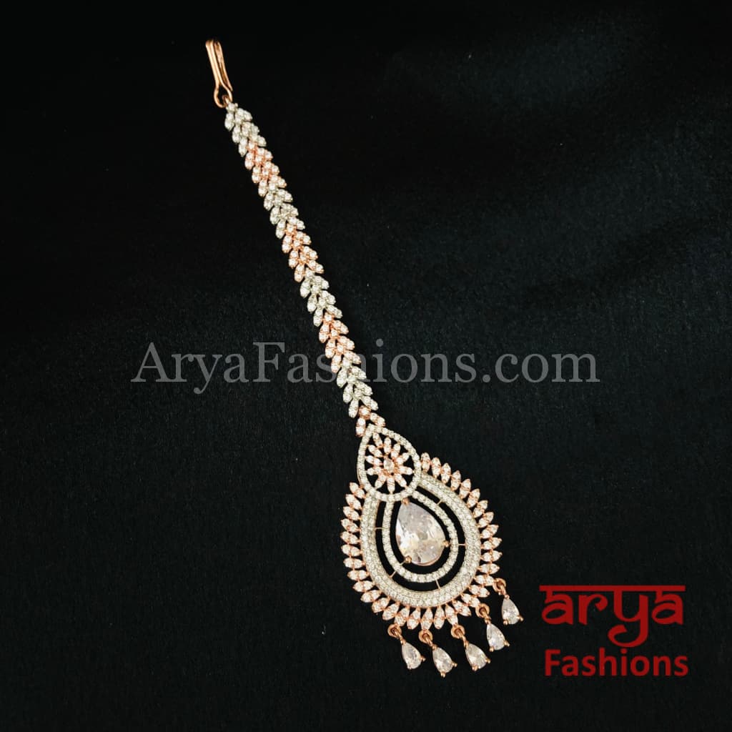CZ Rose Gold Designer Mang Tika with Emerald Ruby Stone