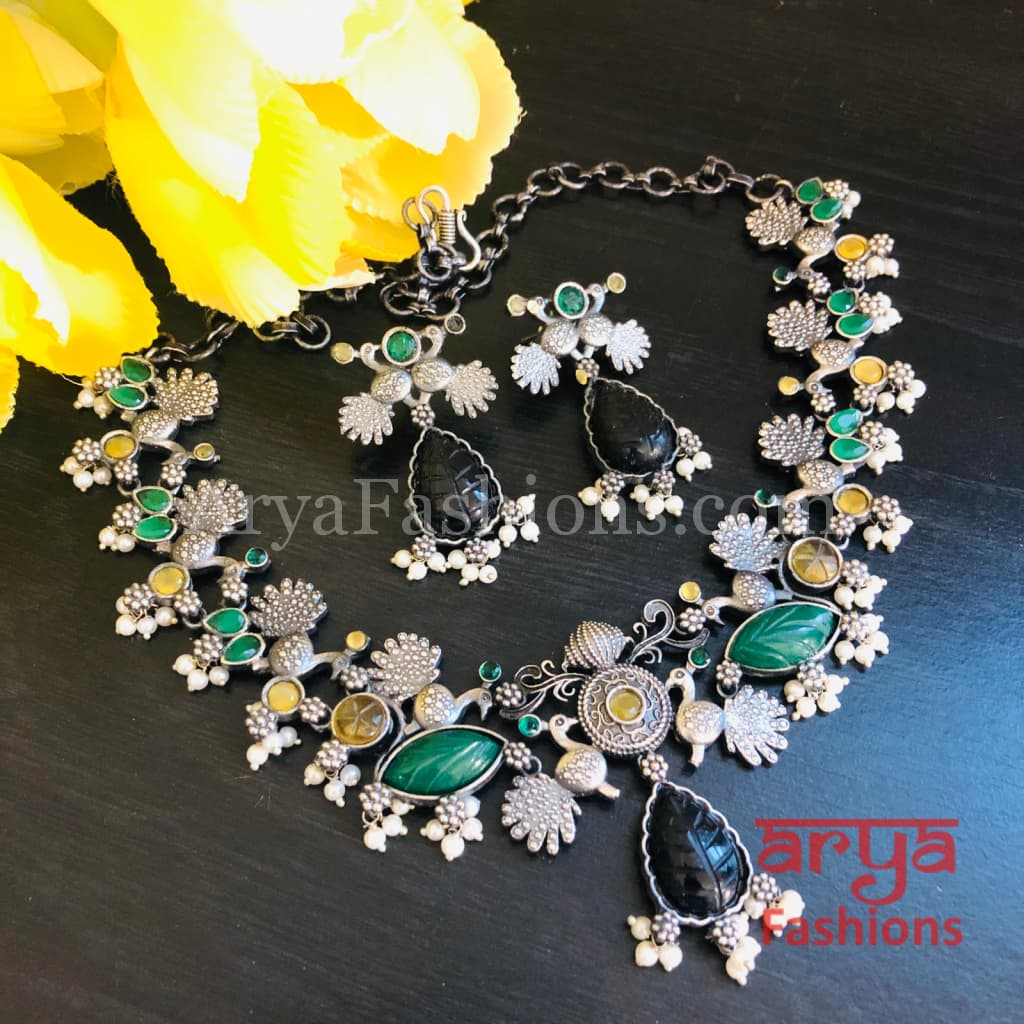 Designer Amrapali Silver Oxidized Tribal Necklace with Handcarved Stones