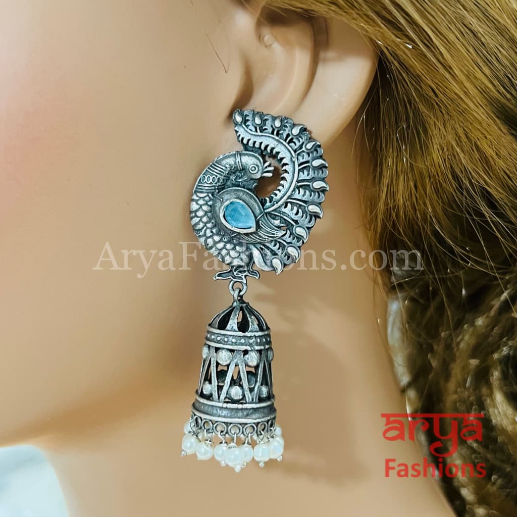 Designer Bird Jhumka Earrings/ Silver Oxidized