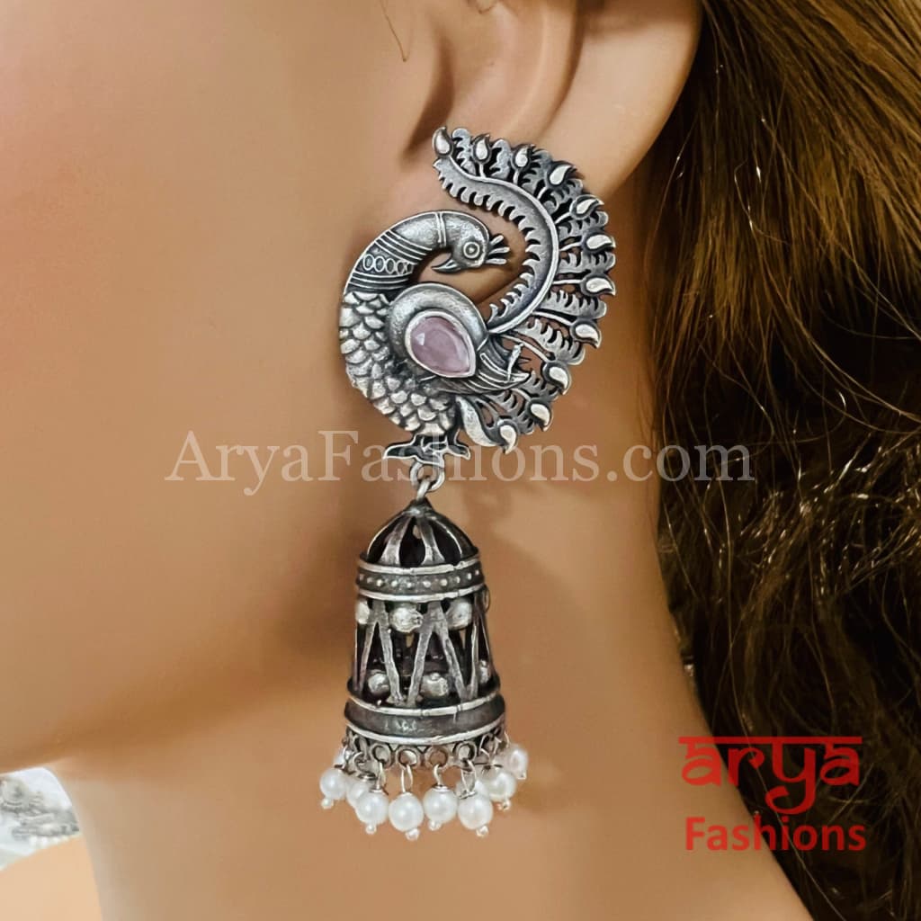 Designer Bird Jhumka Earrings/ Silver Oxidized