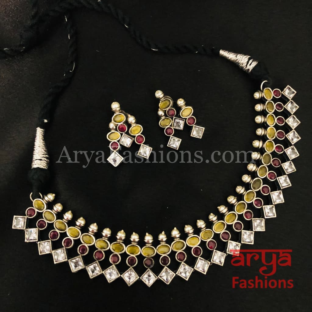 Designer Multicolor Stone Tribal Oxidized Silver Necklace