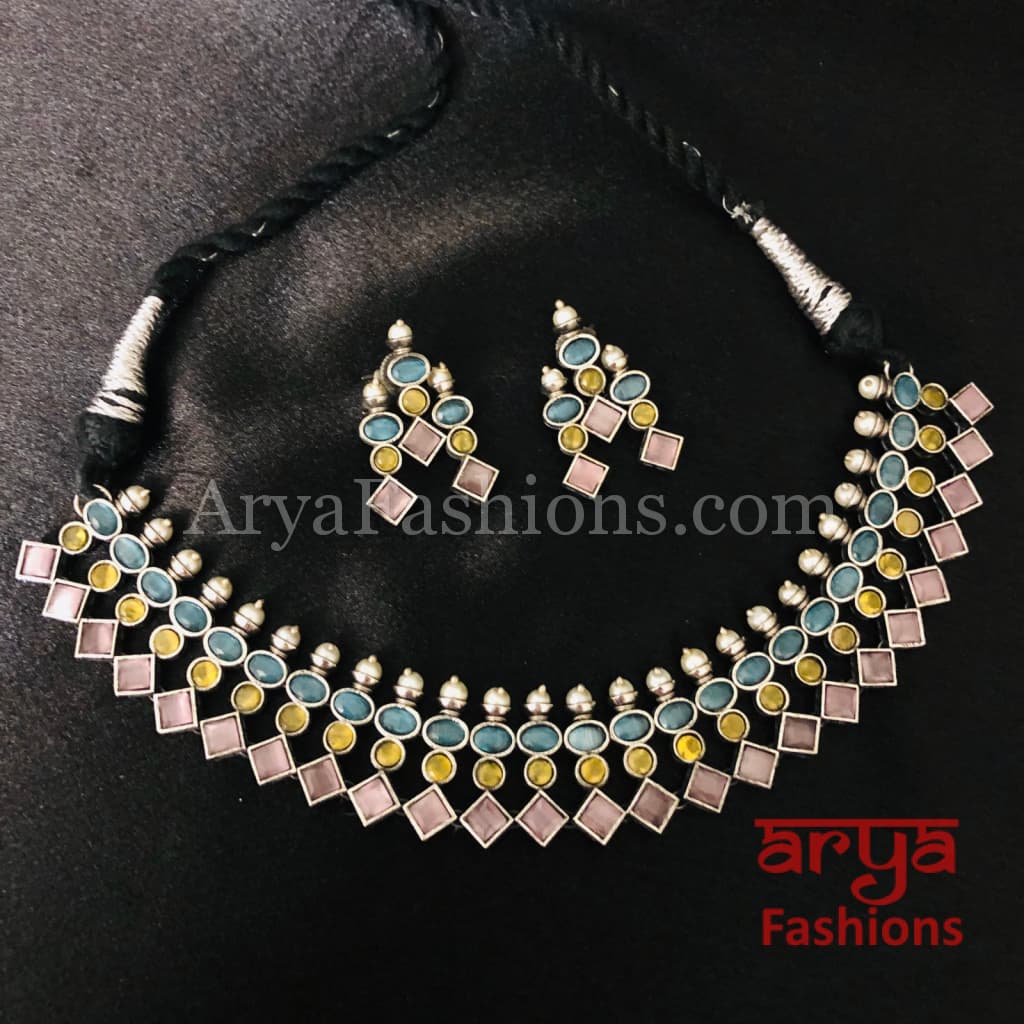 Designer Multicolor Stone Tribal Oxidized Silver Necklace