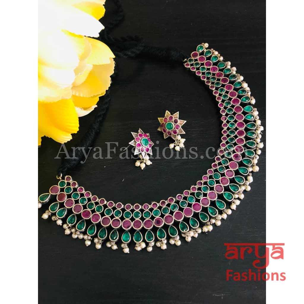 Designer Oxidized Tribal Necklace with Multicolor Stones
