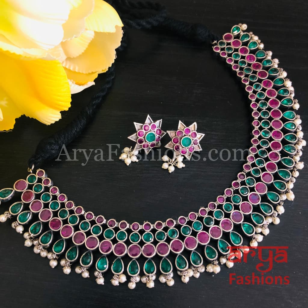 Designer Oxidized Tribal Necklace with Multicolor Stones