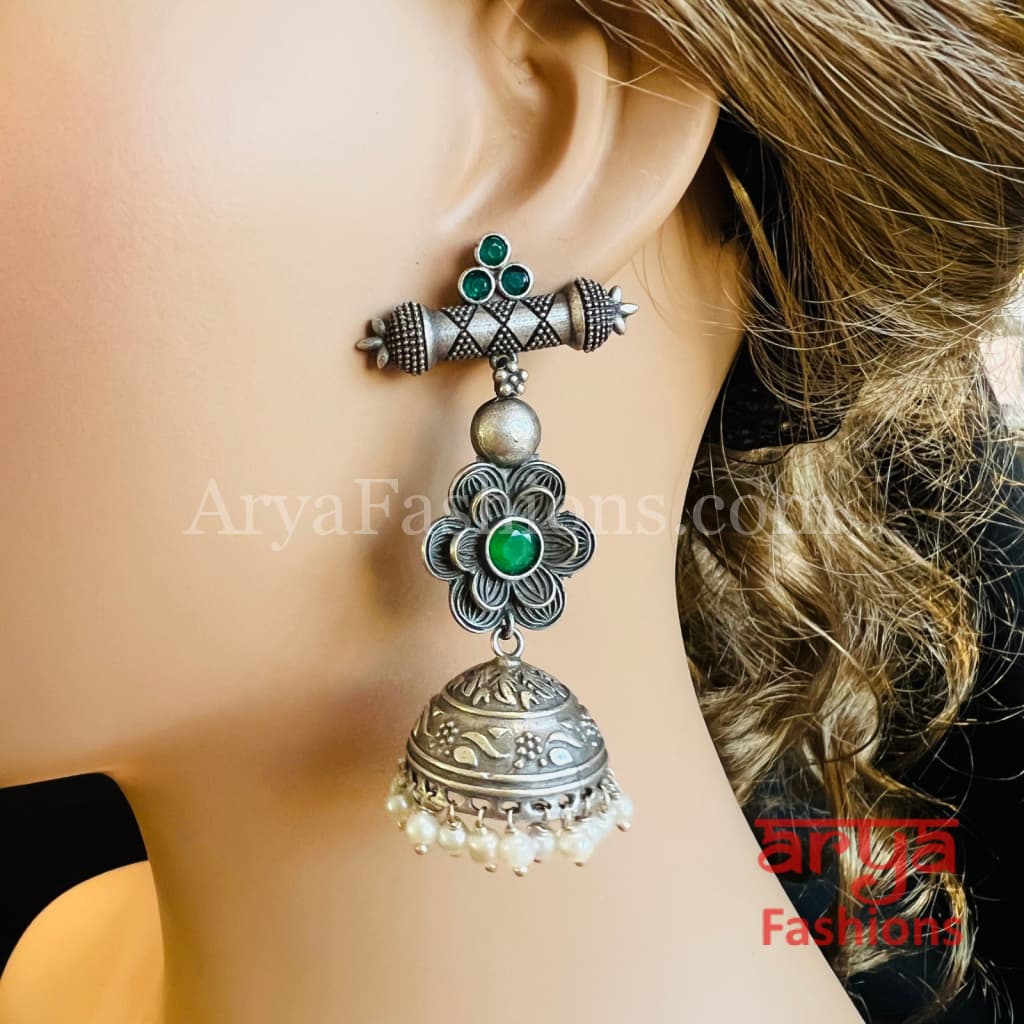 Designer Silver Oxidized Jhumka Earrings
