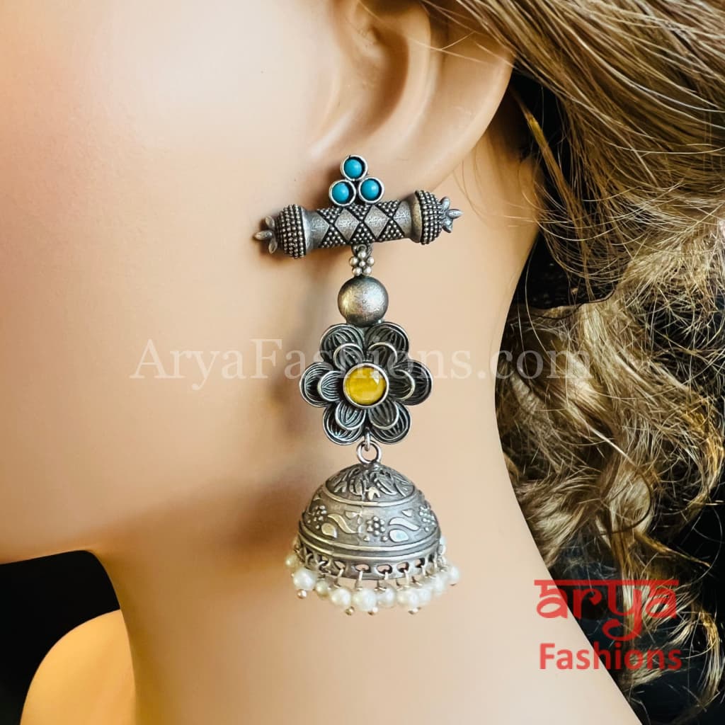 Designer Silver Oxidized Jhumka Earrings