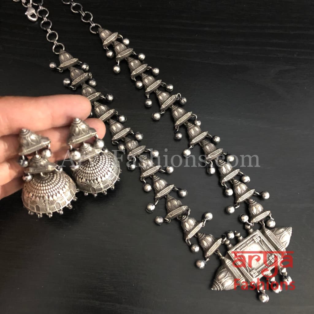 Designer Silver Oxidized Tribal Necklace with Jhumka
