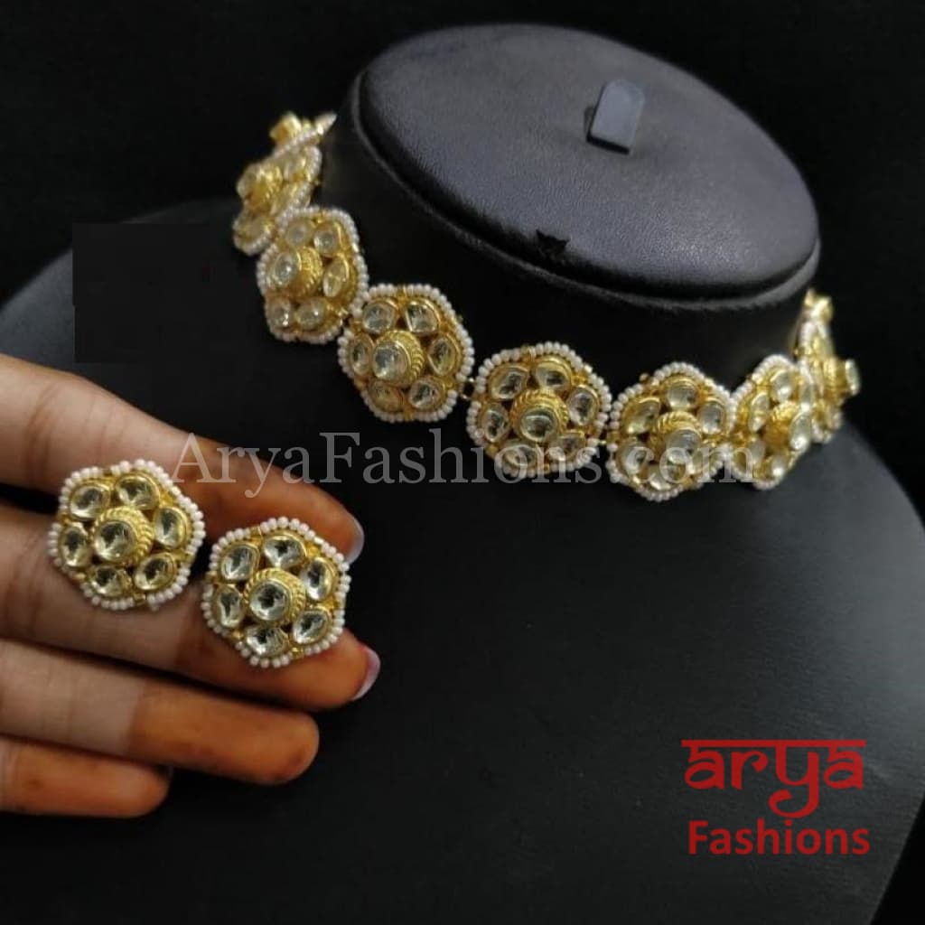 Designer White Pacchi Kundan Pearl Choker Necklace with Stud Earrings