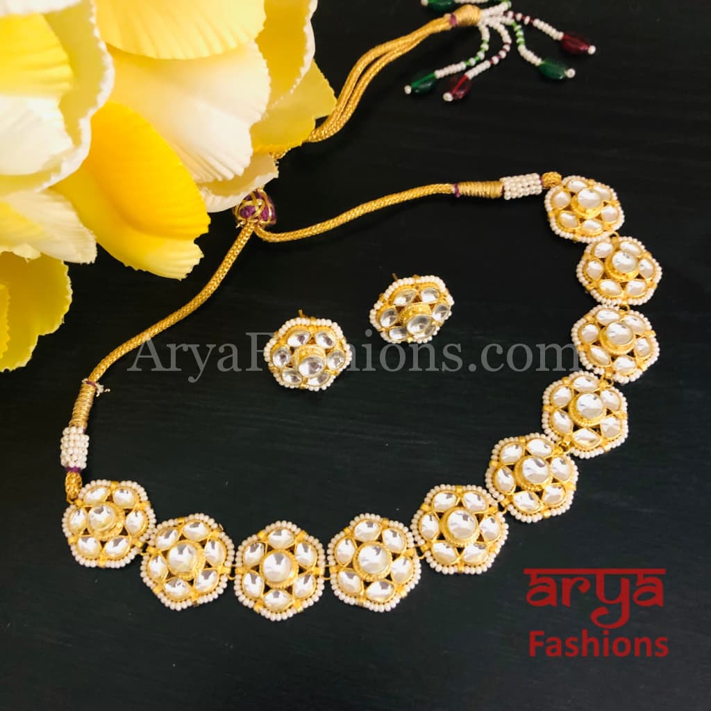 Designer White Pacchi Kundan Pearl Choker Necklace with Stud Earrings